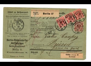 Paketkarte Berlin, 1891 nach Brüssel, über Köln, Hutfabrik