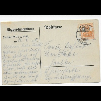 Postkarte Berlin, 11.1.1918 aus dem Abgeordentenhaus