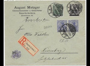 Einschreiben Saarbrücken 1920 nach Nürnberg
