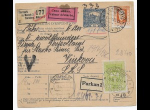 Wert-Paketkarte Sternberg, Mähren nach Parkan, 1925