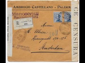 Einschreiben Palermo, 1919 nach Amsterdam. Italienische und Französiche Zensur
