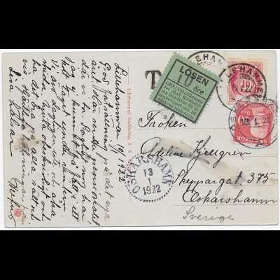Oskarshamn 1922, post card Lillehammer to Sweden, Taxe, Sole pensionat