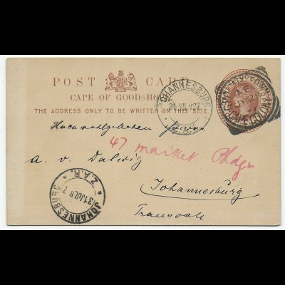 Post card Cape of good hope to Johannesburg 1897