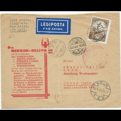 Ungarn Budapest Luftpost 1934 nach Köln, Kohlepapier Fabrik