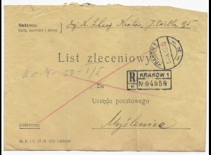 Krakau Einschreiben 1935 nach Myslenice, Marken rückseitig