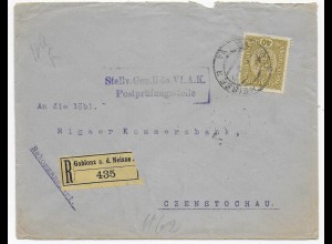 Einschreiben Gablonz a.d.Neisse nach Tschenstochau, Postprüfungsstelle 1917