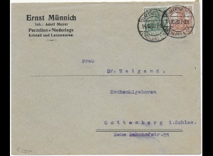 Brief Porzellan Waldenborg 1920 nach Gottesberg, MiNr. 103c, Infla + BPP geprüft