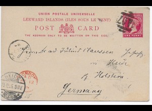 post card Leeward Islands via London to Heide/Germany, 1895