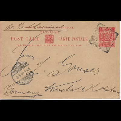 Post card Zanzibar 1908 to Neustadt/Holstein