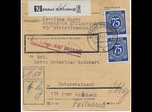 Paketkarte Altdorf/Nürnberg nach Untersteinach, 1947, MeF