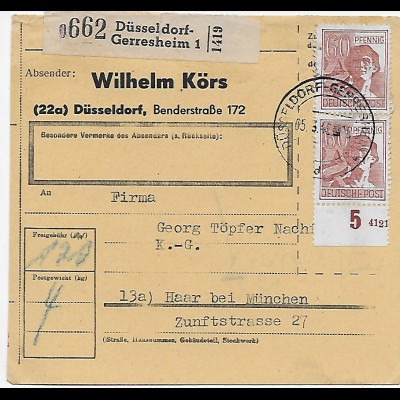 Paketkarte Düsseldorf-Gerresheim nach Haar, 1948, MeF, Absendereindruck, HAN