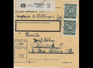 Paketkarte Dillingen nach Feilnbach bei Bad Aibling MeF 1947, Agentur Bergheim