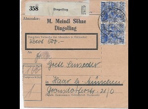 Paketkarte Dingolfing mit Absendereindruck nach Haar, MeF, 48 II