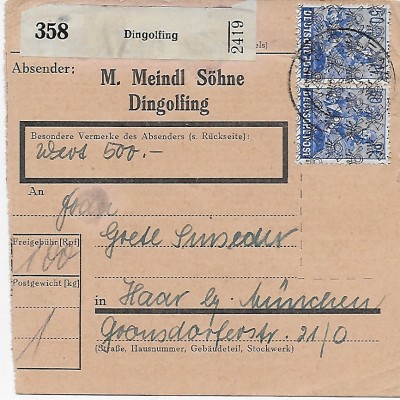 Paketkarte Dingolfing mit Absendereindruck nach Haar, MeF, 48 II