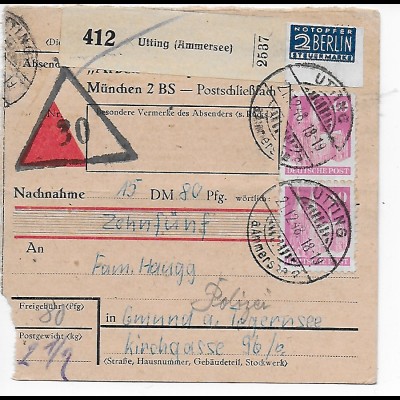 Paketkarte Nachnahme Utting/Ammersee an Polizei Gmund/Tegernesee, 1948