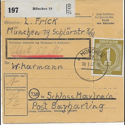 Paketkarte München, Wert, nach Schloss Maxlrain 1947, EF