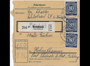Paketkarte Hünfeld/Mansbach nach Hohenthann/Schönau, 1947, MeF