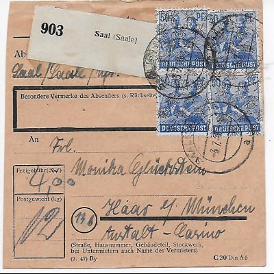 Paketkarte Saal/Saale nach Haar bei München, Anstalt-Casino, 1948, MeF
