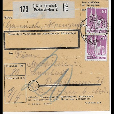 Paketkarte Garmisch-Partenkirchen, Zustellgebühren 20, 1948, MeF