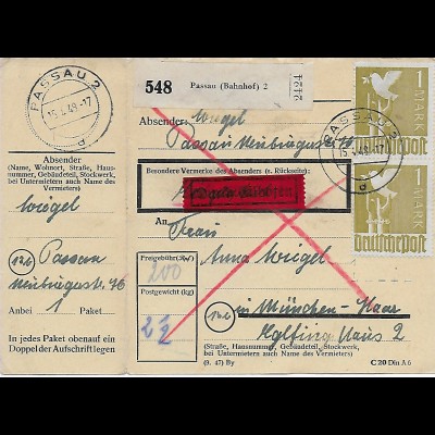 Paketkarte Eilboten Passau nach München-Haar, 1948, MeF
