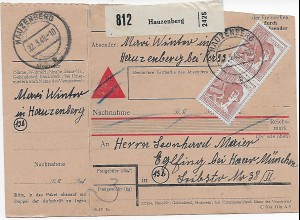 Paketkarte Hauzenberg nach Eglfing-Haar, 1948, MeF