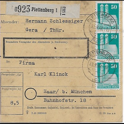 Paketkarte von Plettenberg nach Haar, 1948, MeF