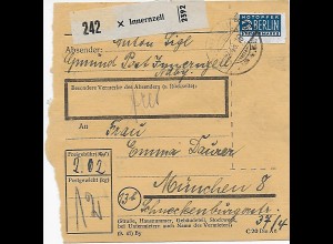 Paketkarte von Innernzell nach München, 1948, MeF MiNr. 92