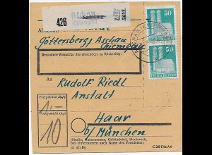 Paketkarte von Aschau/Sachrang nach Eglfing, Heilanstalt, 1948, MeF MiNr. 92