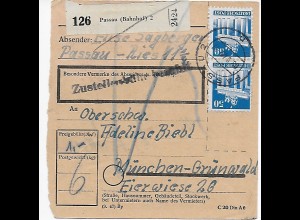 Paketkarte von Passau/Bahnhof nach Grünwald, 1948, MeF MiNr. 91