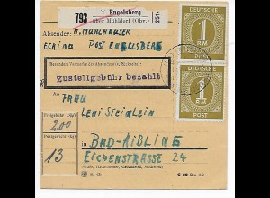 Paketkarte von Engelsberg/Mühldorf nach Bad Aibling, 1948, MeF MiNr. 937