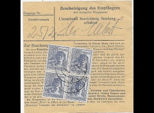 Paketkarte von Schrobenhausen nach München, 1948, MeF MiNr. 957, Viererblock