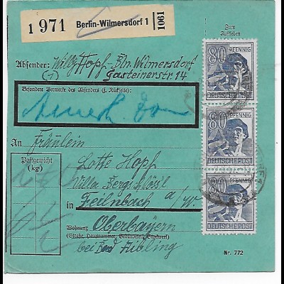 Paketkarte von Berlin-Wilmersdorf nach Feilnbach, 1948, MeF