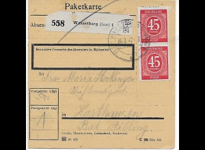 Paketkarte von Wasserburg/Inn nach Harthausen, 1947, MeF
