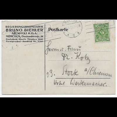 Postkarte 1923 von München nach Stock, rückseitige Handzeichnung, Kajak