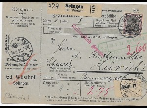 Paketkarte Solingen nach Zürich/CH 1921, rücks. Zollamt Solingen, Beschaufrei