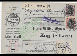Paketkarte Leipzig nach Zug/CH - Eindruck, 16.3.1916, Beschaufrei, über Lindau