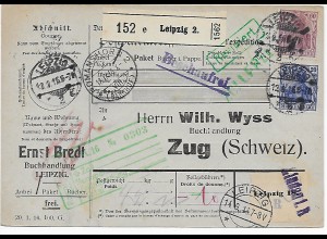 Paketkarte Buchhandlung Leipzig nach Zug 1916 Beschaufrei über Lindau