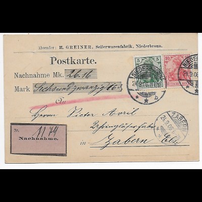 Nachnahme Postkarte Niederbronn, Seilerwarenfabrik nach Zabern, 1906