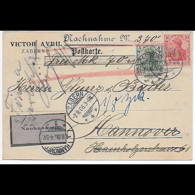Nachnahme Postkarte Zabern nach Hannover, zurück 1906
