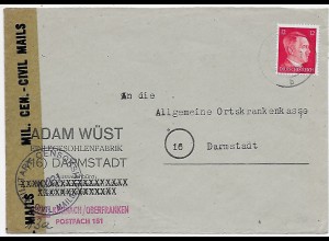 Darmstadt / Kronach 2.2.45, Sohlenfabrik an AOK, Militär Zensur, Überroller