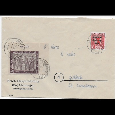 Brief aus Meiningen nach Ziltbach, Eckrand 1949
