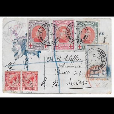 Postkarte Belgien: Britisches Field Post Office, Einschreiben nach Davos, 1916