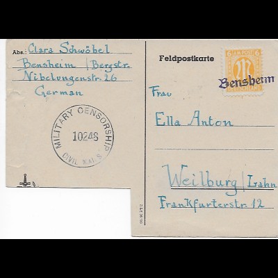 Feldpostkarte mit ausgeschnittenem Spruch, Bensheim nach Weilburg, Zensur 1945