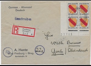Einschreiben Freiburg nach Goch, 1946, Viererblock mit Bogennummer