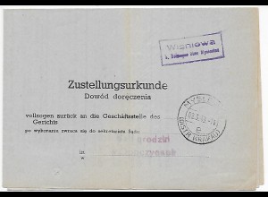 Generalgouvernement GG Zustellurkunde Wisniowa/Myslenice 1943 an das Gericht