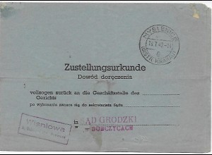 Generalgouvernement GG Zustellurkunde Wisniowa/Myslenice 1942 an das Gericht