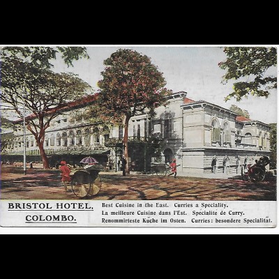 Ceylon: picture post card Bristol Hotel Colombo, best cuisine in the east