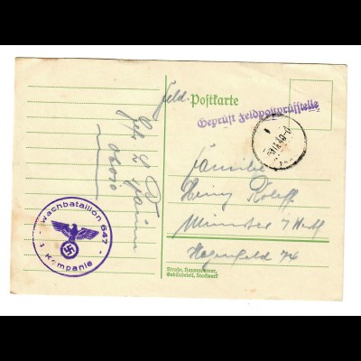 Feldpostkarte Wachbataillon 647,FPNr.06010, Feldpostprüfstelle nach Münster 1940