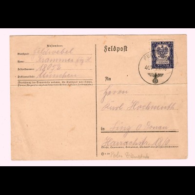 GG 2.10.39, frühe Feldpostkarte Ostrowice nach Linz, poln. Marke
