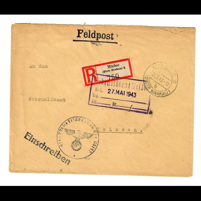 GG 1943 Feldpost: Einschreiben Mielec/Krakau nach Meißen
